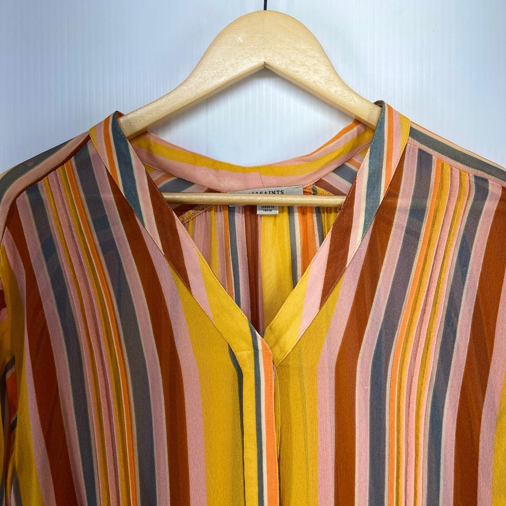 All Saints Adra Stripe Shirt Multicolor Sheer Long Sleeve Blouse Womens US 0 View 3